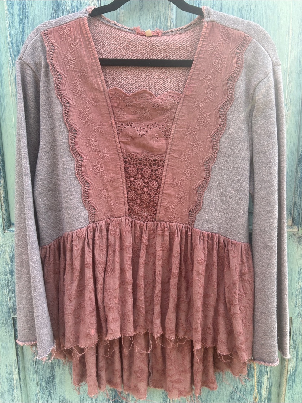 Gimmicks lace embroidered raw tattered high low hem terry material sweatshirt